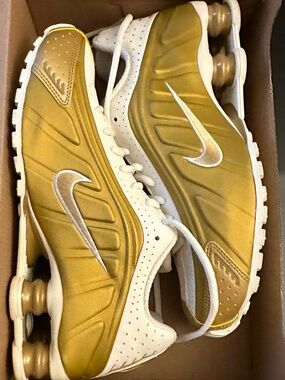 Nike Women's Metallic Gold and White Shox Athletic Sneakers
